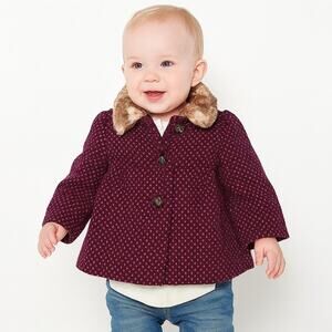 Cherokee Baby Girls’ Polka Dot Winter Pea Coat - Faux Fur Collar, Size 12 Months
